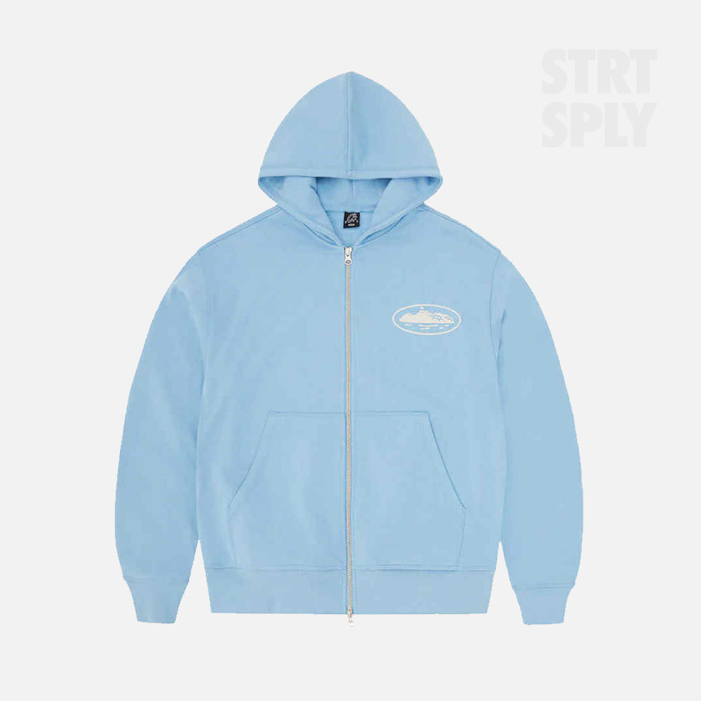 Corteiz RTW Island Puff Print Zip Hoodie - Baby Blue