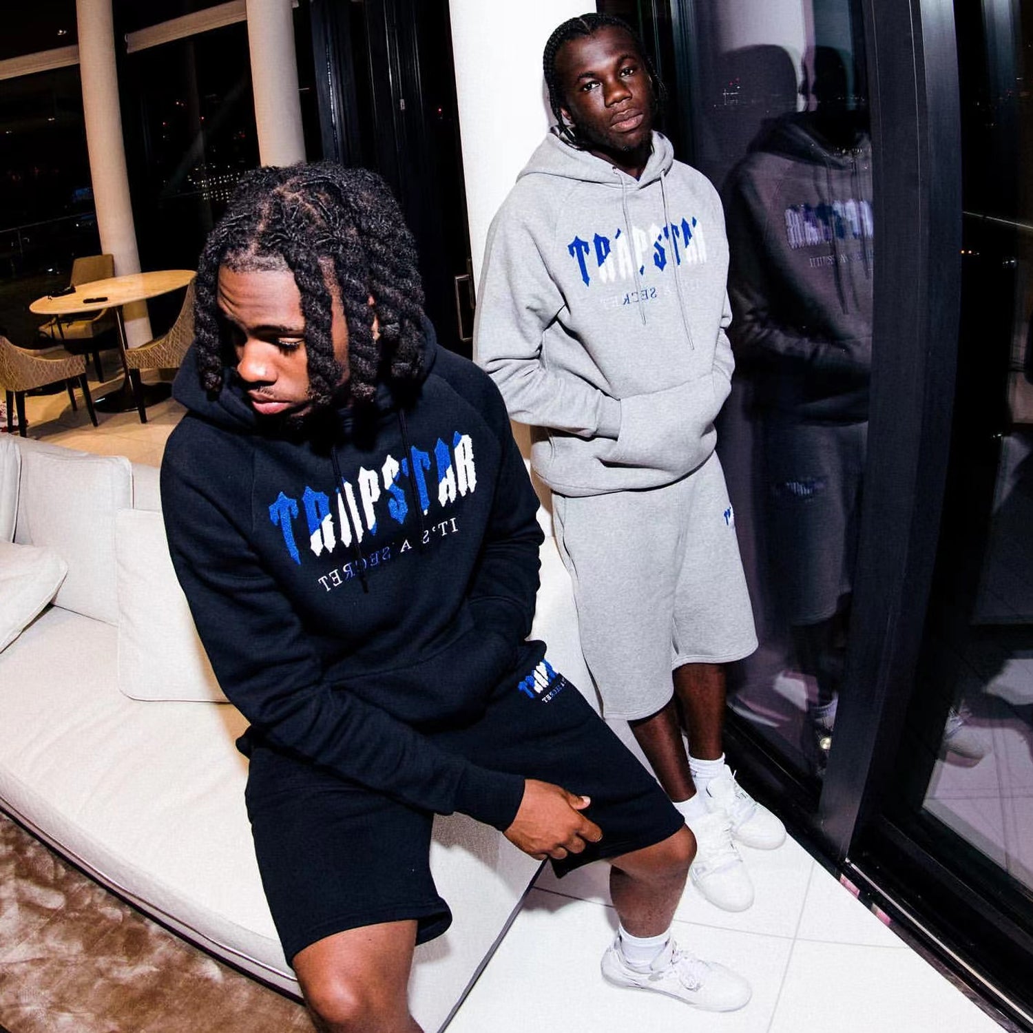 Trapstar Chenille Decoded Hooded Short Set - Grey / Dazzling Blue