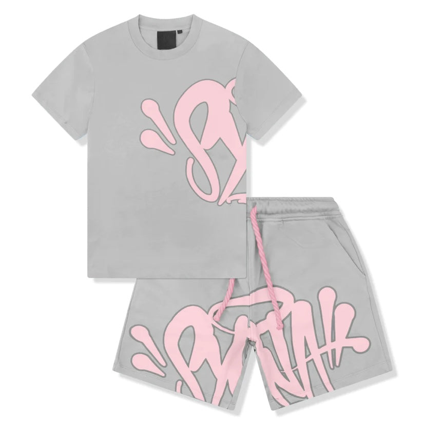 Syna World T-Shirt & Shorts Logo Set - Grey / Pink