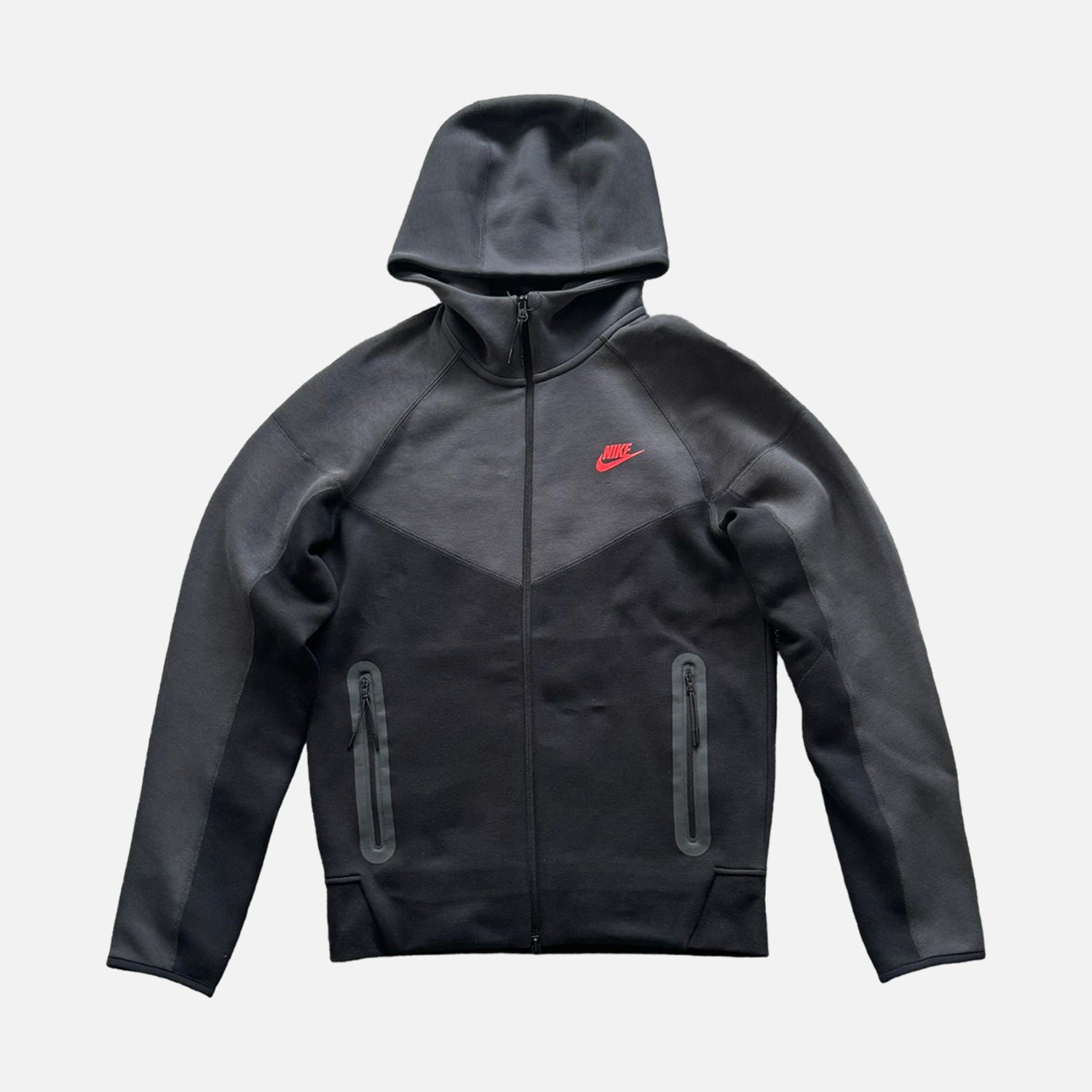 Nike Tech Fleece Zip-Up Hoodie - Black / Smoke Grey / Crimson Red (New SZN)