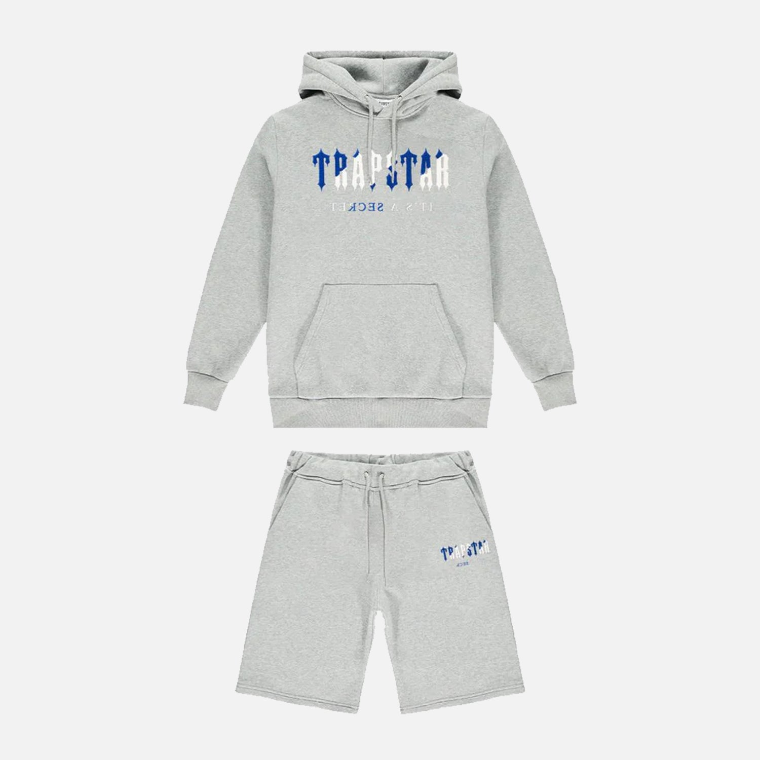 Trapstar Chenille Decoded Hooded Short Set - Grey / Dazzling Blue